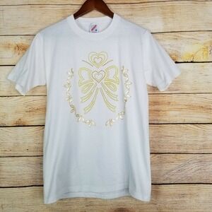 Vintage Jerzees Size M T-shirt White Single Stitch Puffy Paint Bow Floral Design